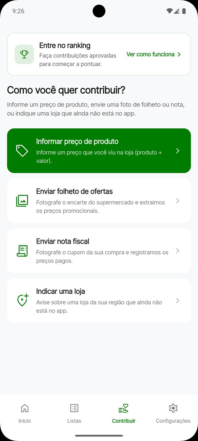 Tela de contribuição do Qual o Preço: informar preço, enviar folheto ou nota fiscal, ou indicar uma loja