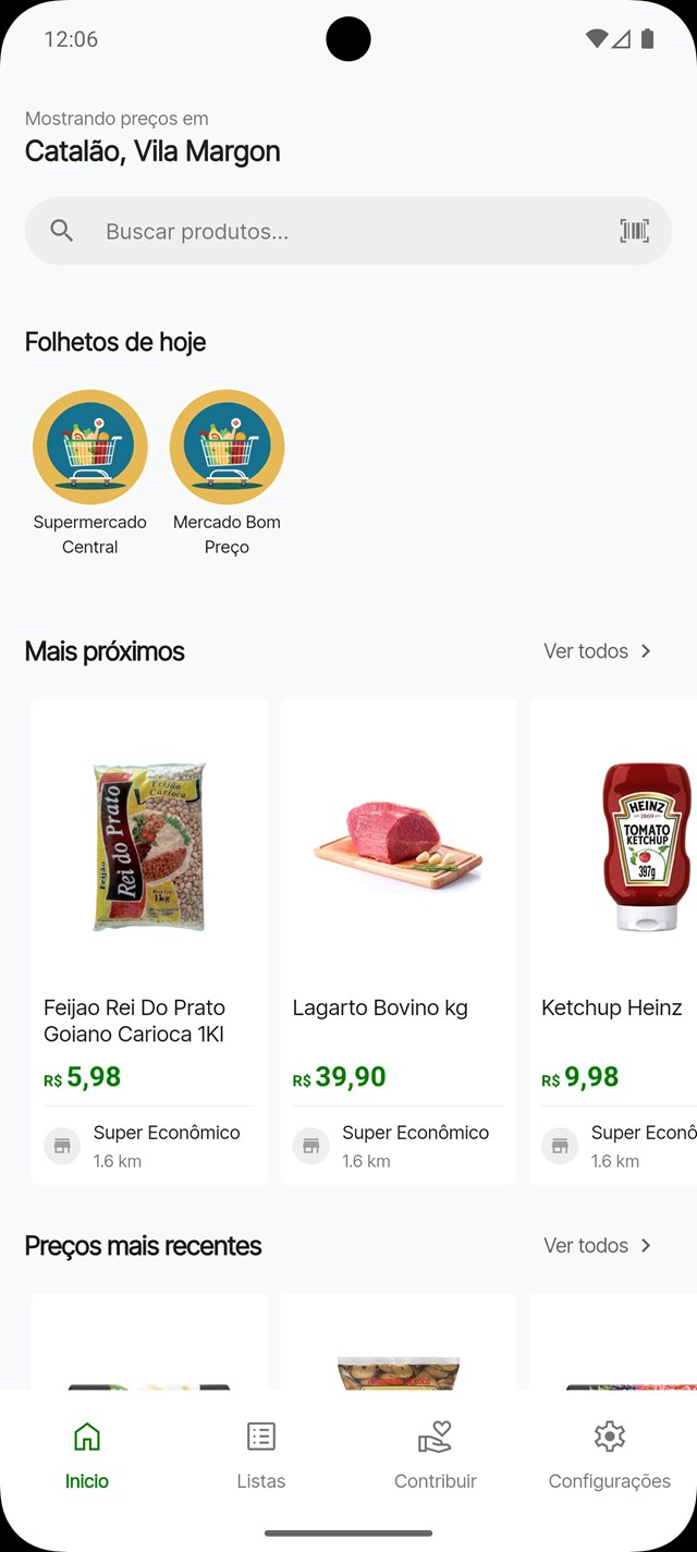 Tela inicial do Qual o Preço com busca, folhetos do dia e os mercados mais próximos