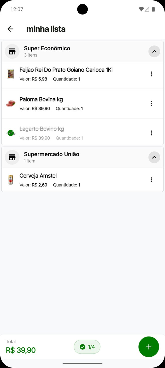 Lista de compras no Qual o Preço agrupada por mercado, com o total