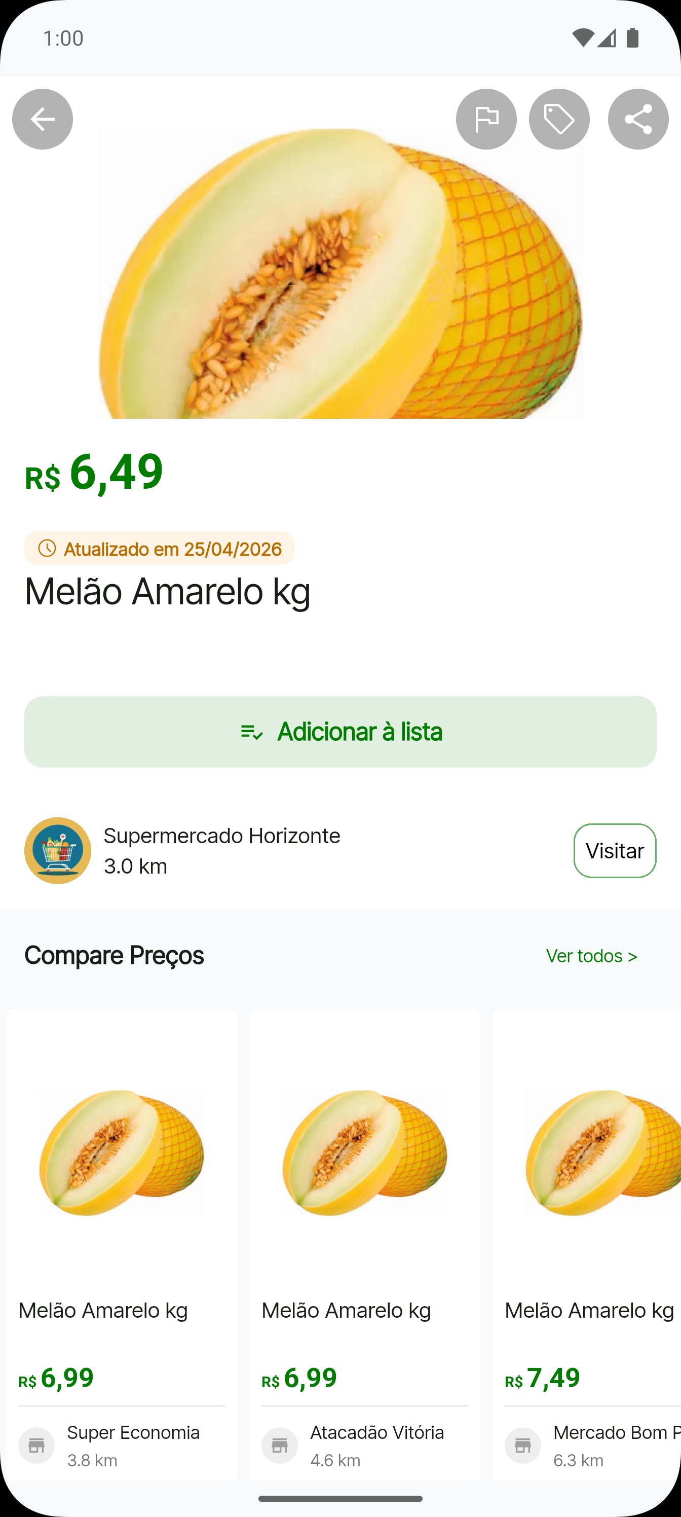 Tela de um produto no Qual o Preço comparado entre os mercados perto de você, com preço e distância de cada um